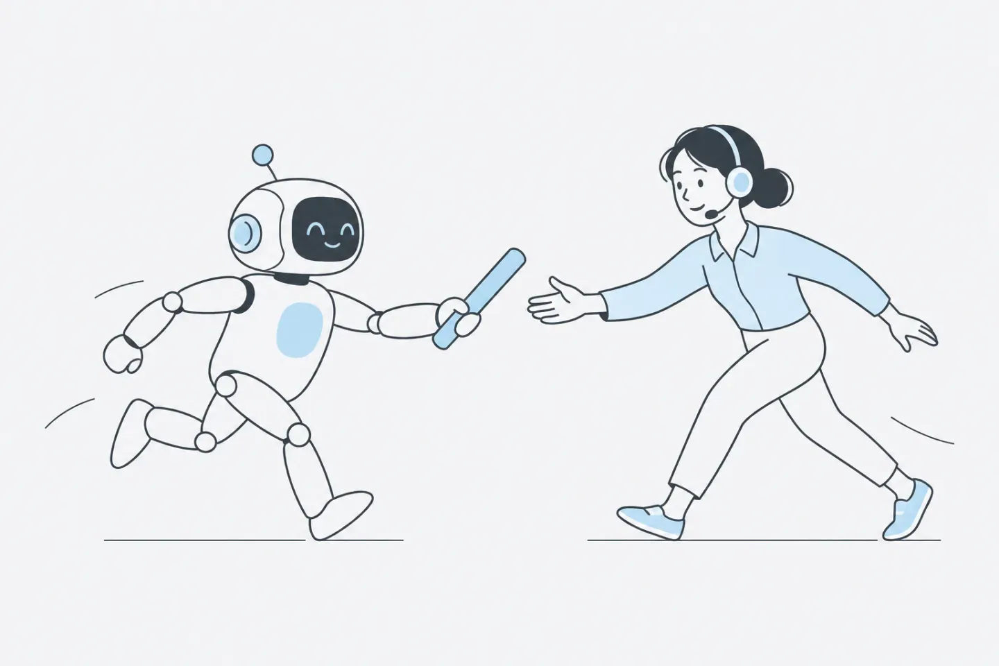 Line illustration of a small robot handing a relay baton to a support agent wearing a headset