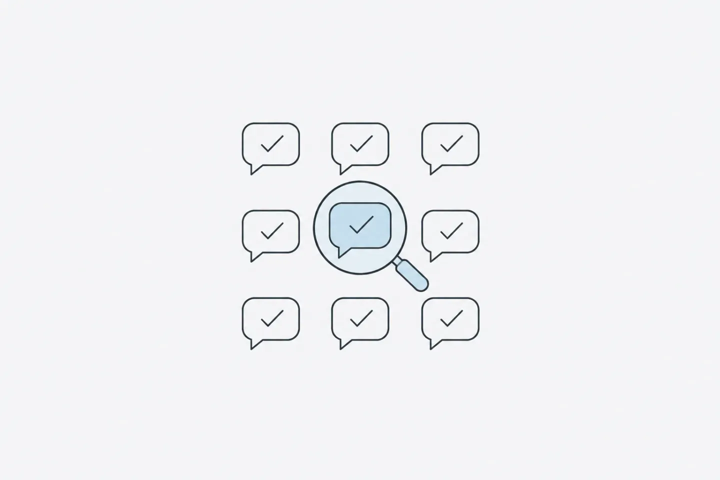 Line illustration of a grid of checked chat bubbles with a magnifying glass over one of them