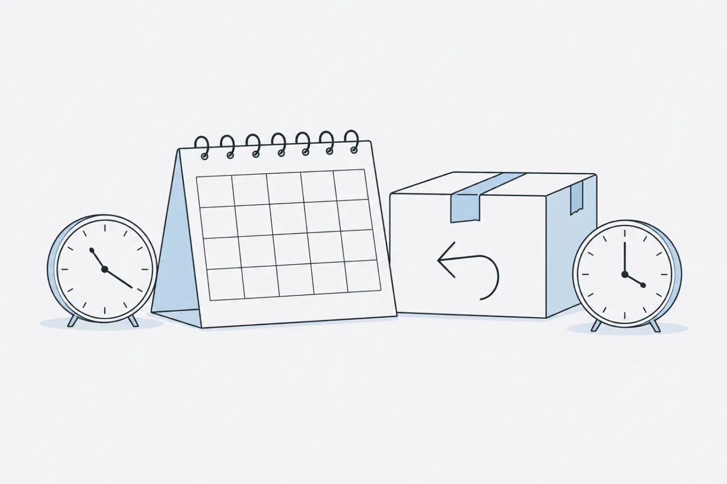 Line illustration of a desk calendar between two clocks and a return parcel
