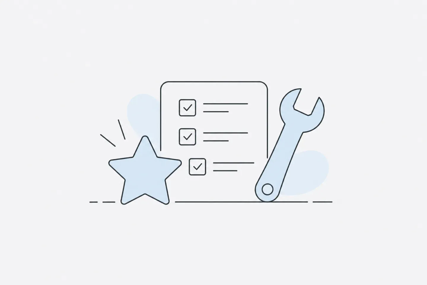 Line illustration of a review star beside a checklist and a wrench
