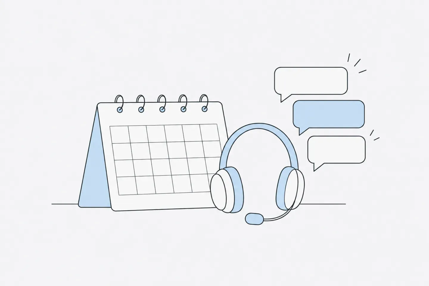 Line illustration of a calendar and a support headset beside a rising stack of chat messages