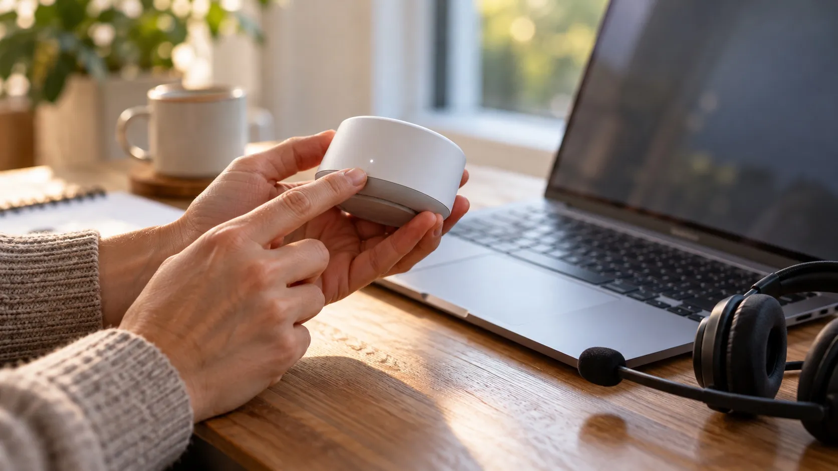 Hands holding a small smart-home device beside a laptop
