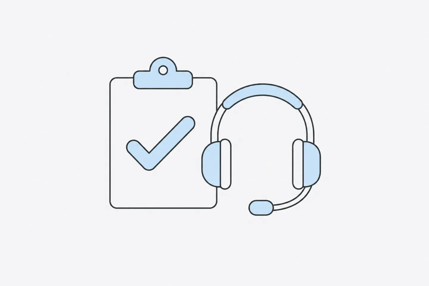 Line illustration of a clipboard with a large checkmark beside a support headset