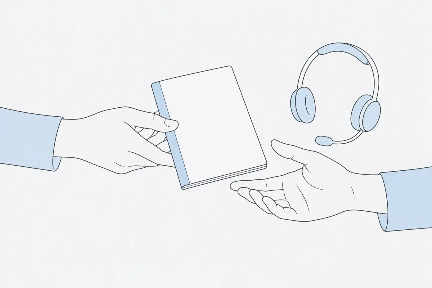 Line illustration of two hands passing a product guide, with a support headset nearby