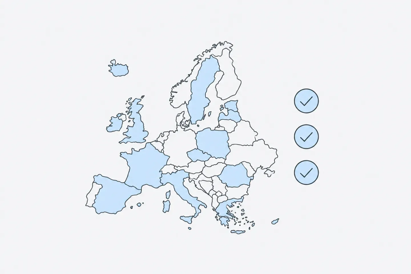 Line illustration of a map of Europe beside three checkmarks