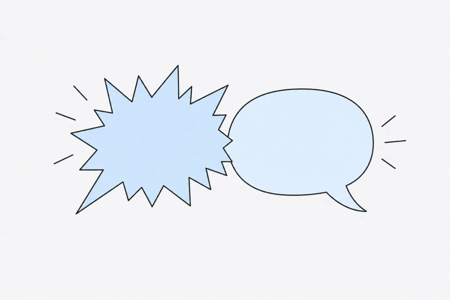 Line illustration of a spiky speech bubble meeting a calm rounded one