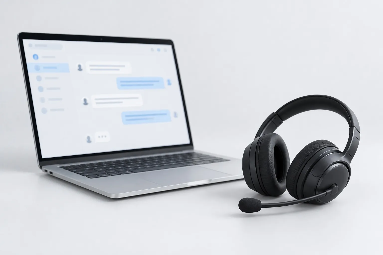 A headset beside an open laptop showing a customer-support conversation