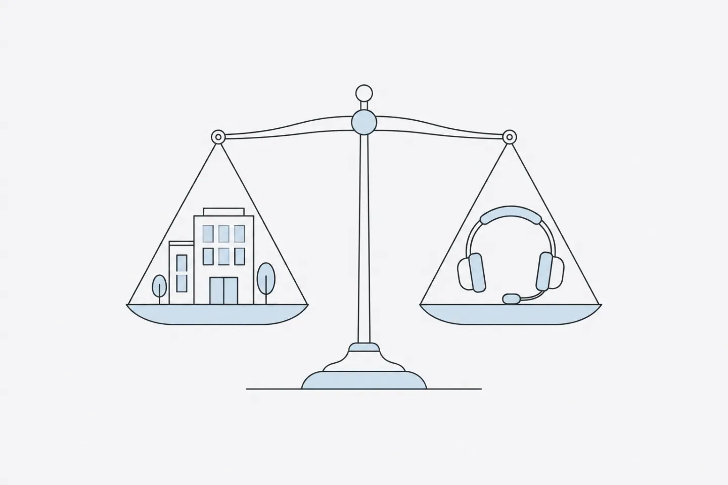 Line illustration of a balance scale weighing an office building against a support headset