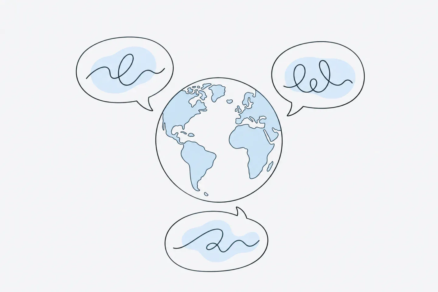 Line illustration of a globe surrounded by speech bubbles in different scripts