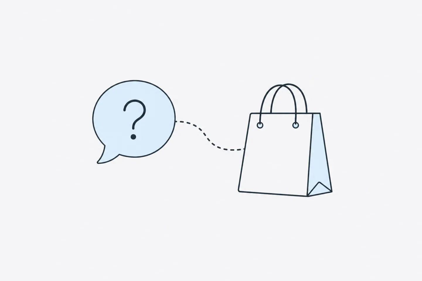 Line illustration of a question-mark speech bubble joined by a dotted line to a shopping bag