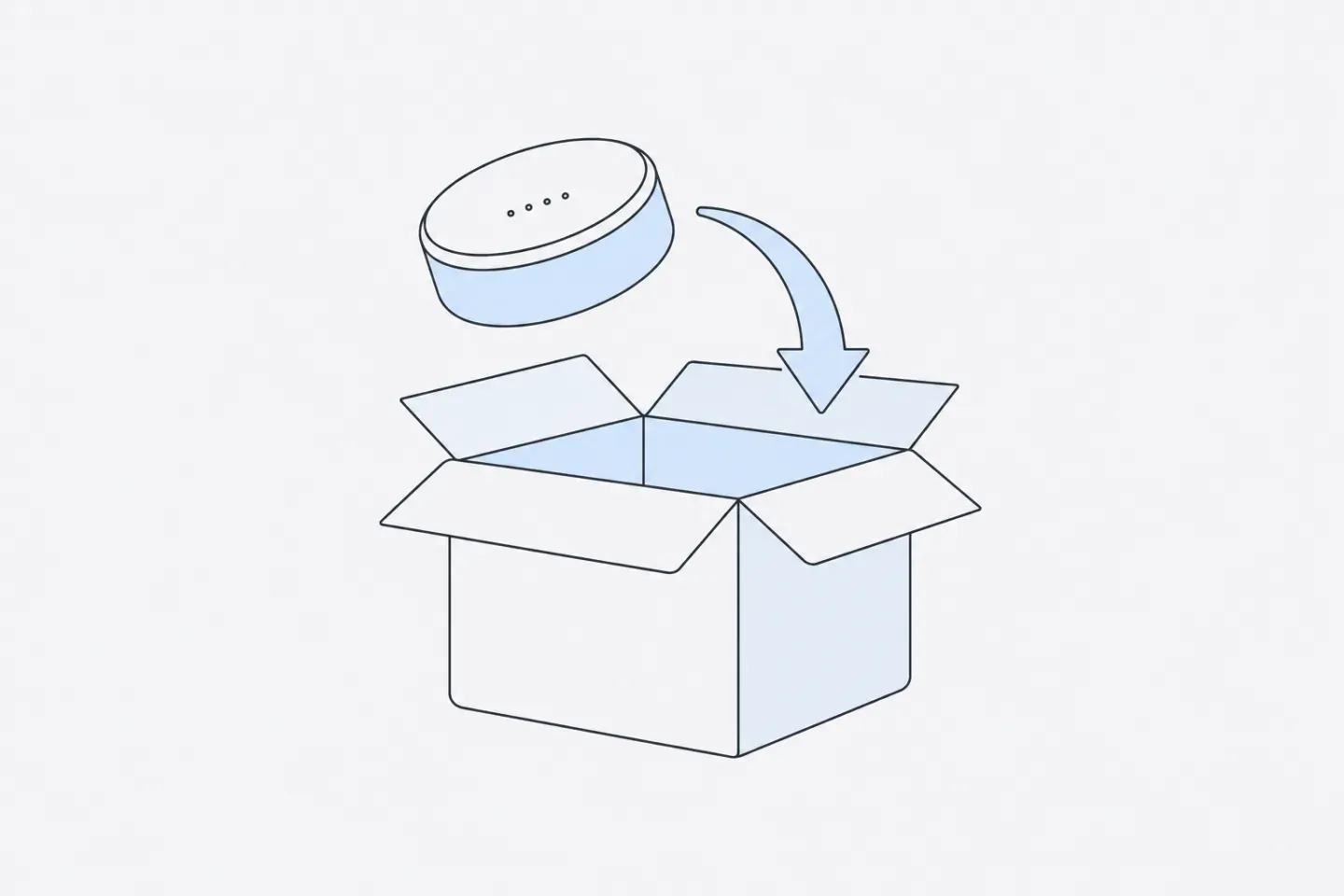 Line illustration of a small smart device going back into an open return box