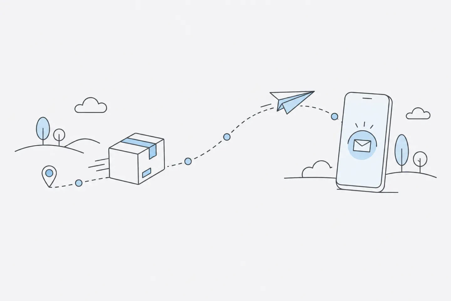 Line illustration of a parcel on a dotted route with a paper-plane message flying ahead to a phone