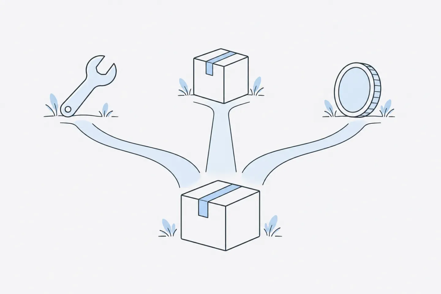 Line illustration of a parcel at a fork with paths to a wrench, a new box and a coin