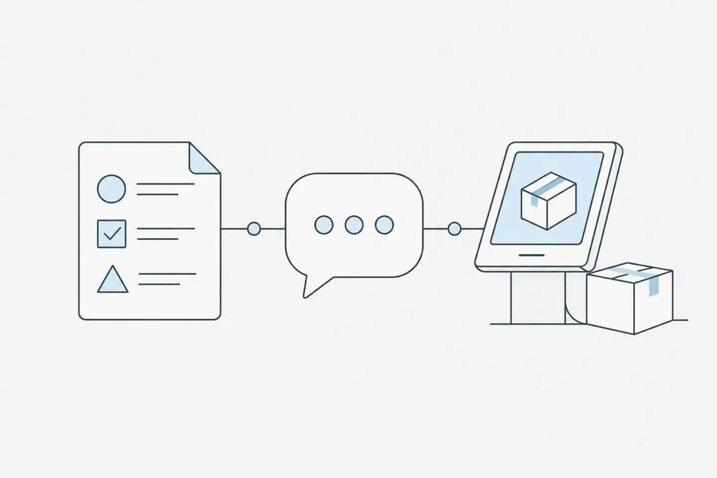 Line illustration of three connected panels: a rules document, a speech bubble and a self-service screen