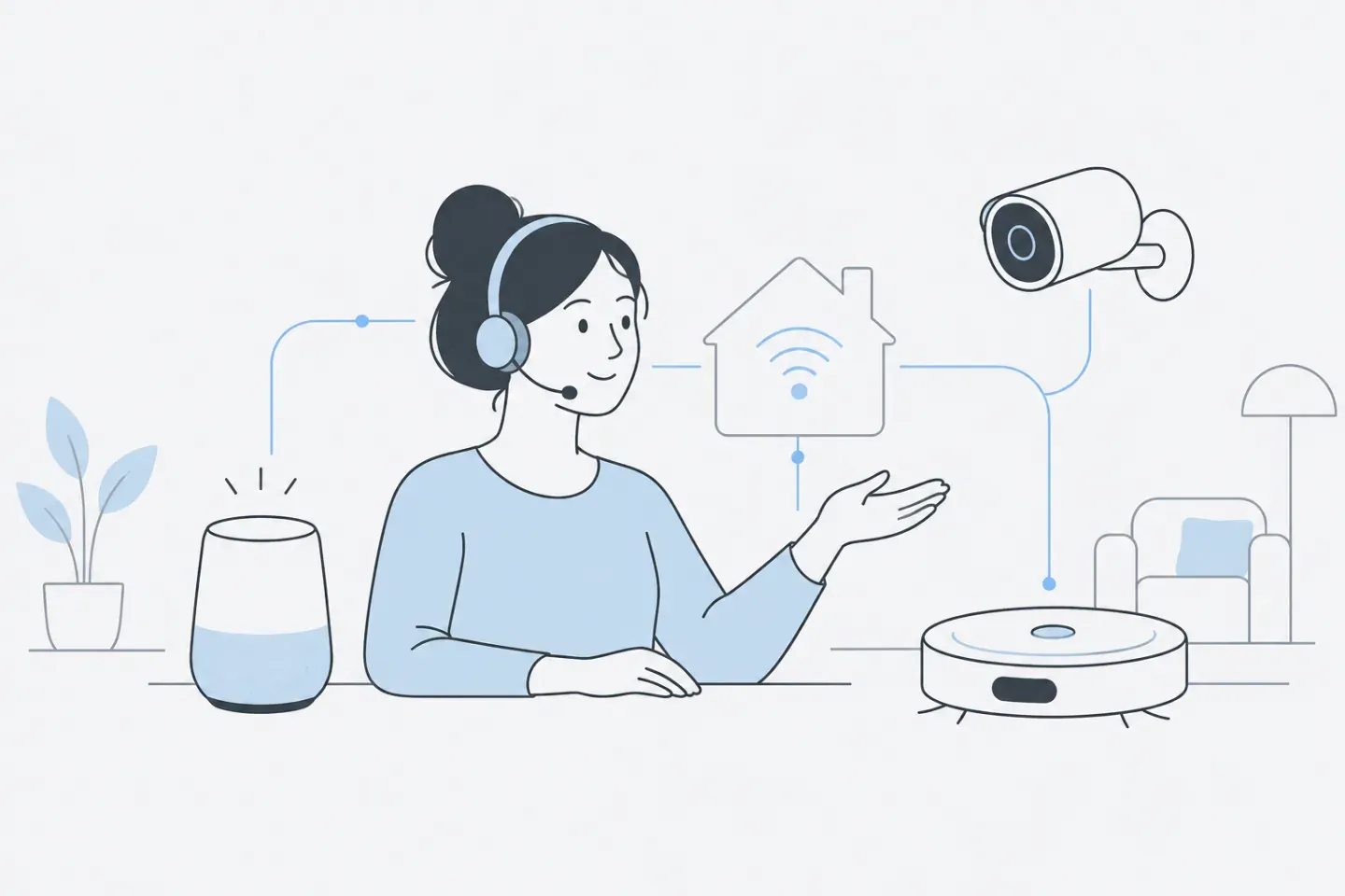 Line illustration of a support agent beside a smart speaker, a security camera and a robot vacuum