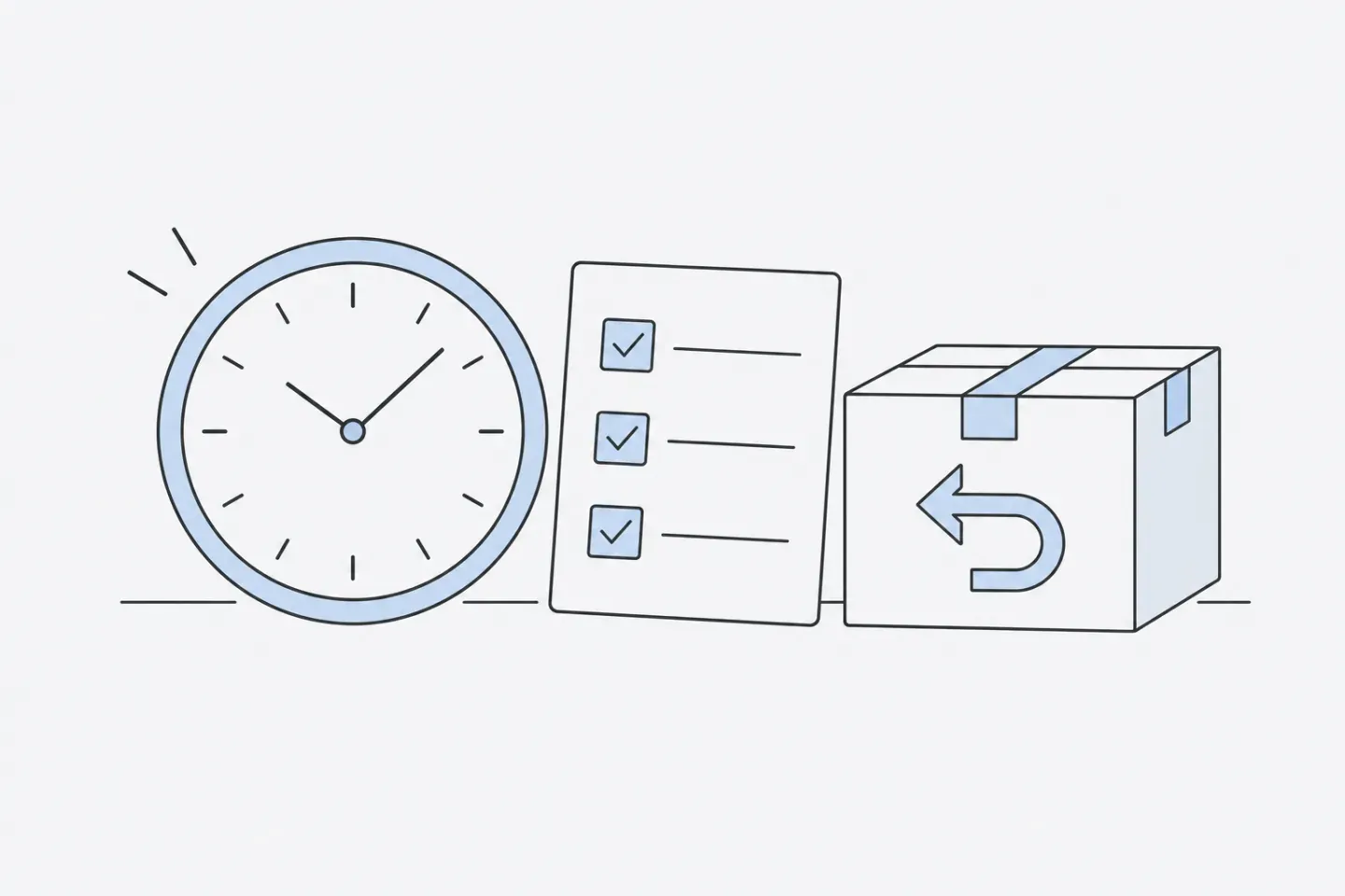 Line illustration of a clock beside a checklist and a return parcel