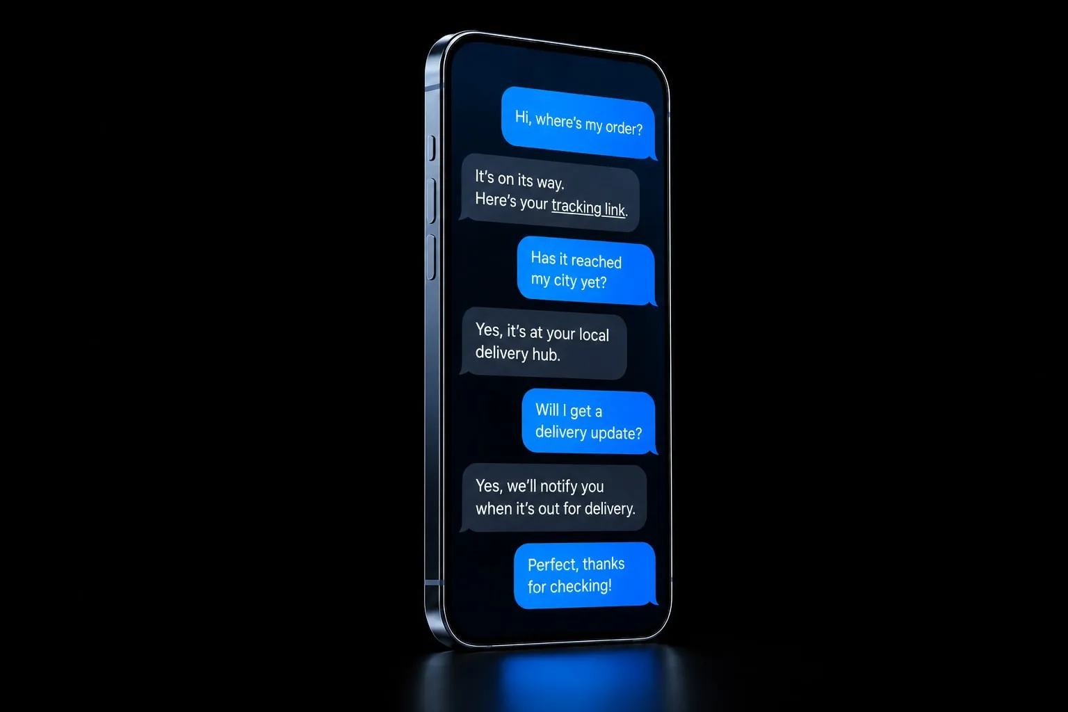 A smartphone showing an English customer support conversation