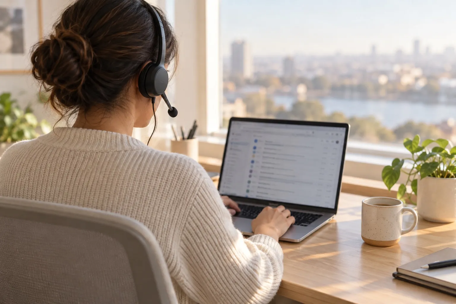 A support agent wearing a headset at a desk by a window