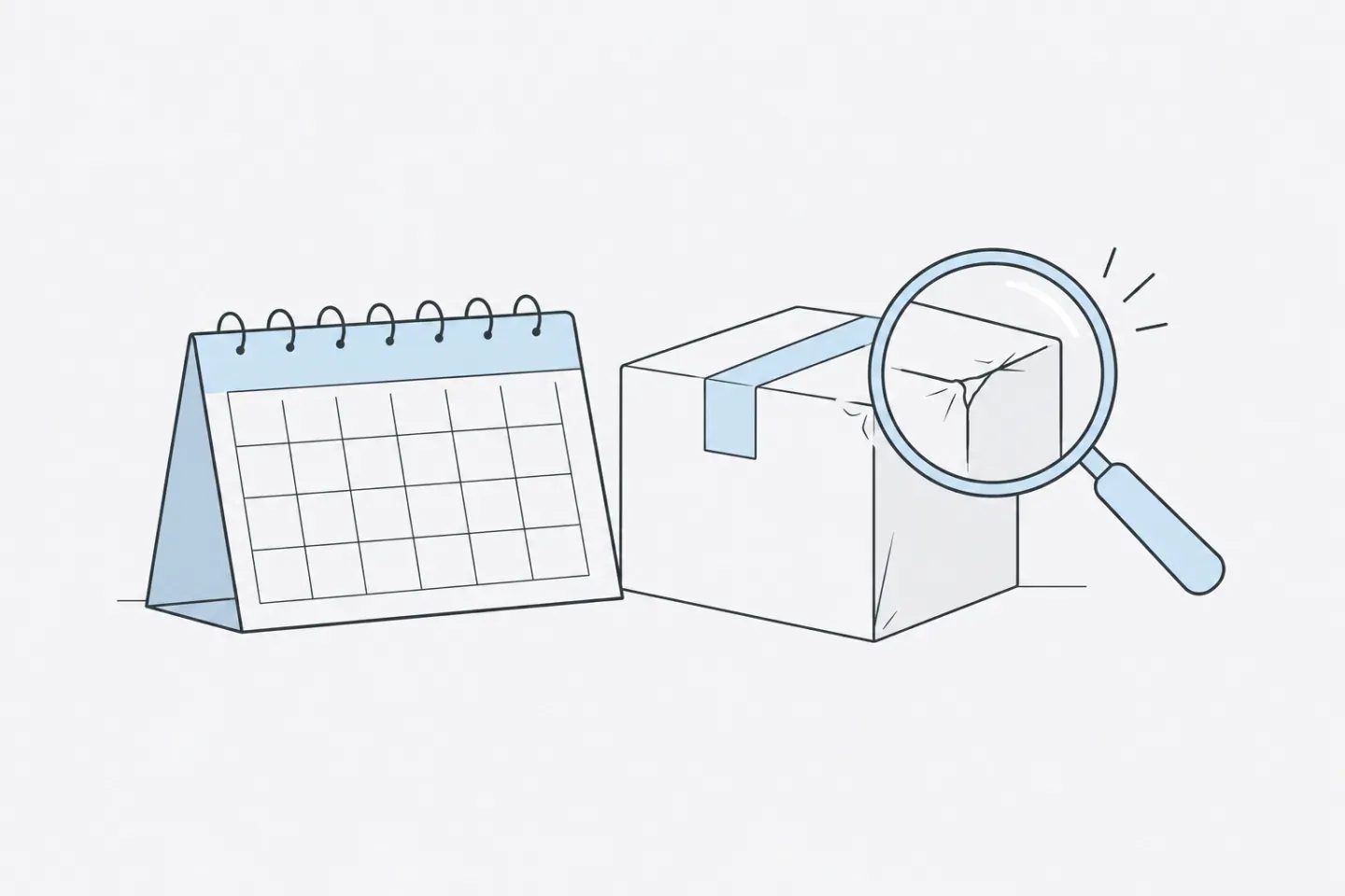 Line illustration of a calendar beside a return parcel under a magnifying glass